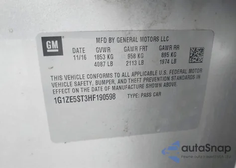 2017 Chevrolet Malibu 1Lt z USA, uszkodzony, nr VIN 1G1ZE5ST3HF190598